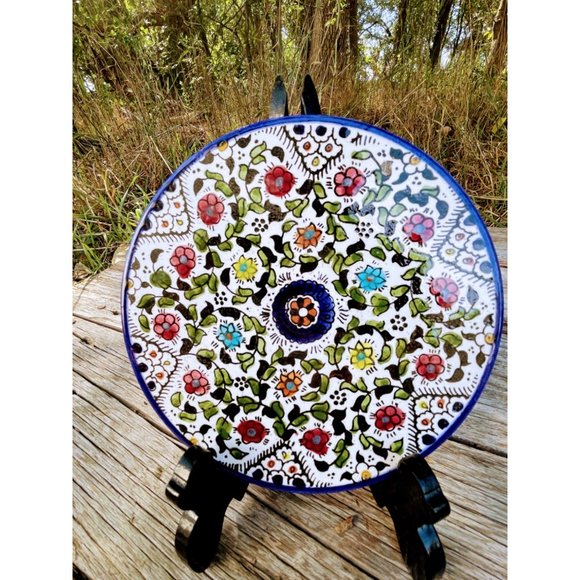 Vintage Stoneware tea trivet Hot Plate Blue floral Hand Painted - Picture 6 of 11